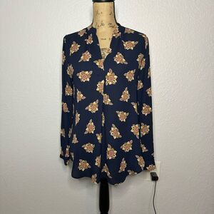 Loft Navy Size XS Floral Print Long Sleeve Blouse V Neck Oversized Casual Office
